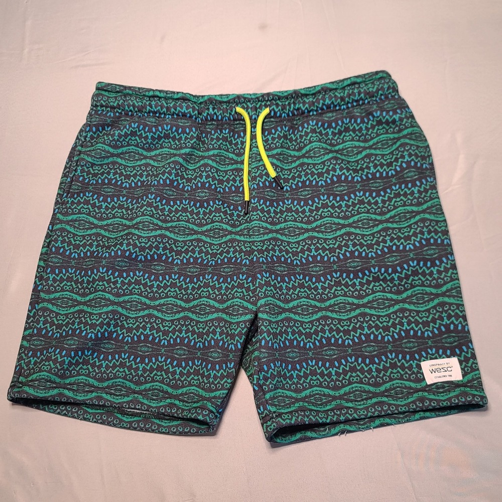 WeSC Marty Teal Tiedye Fleece‎ Sweatshorts Mens XL Green Blue Geometric Pattern